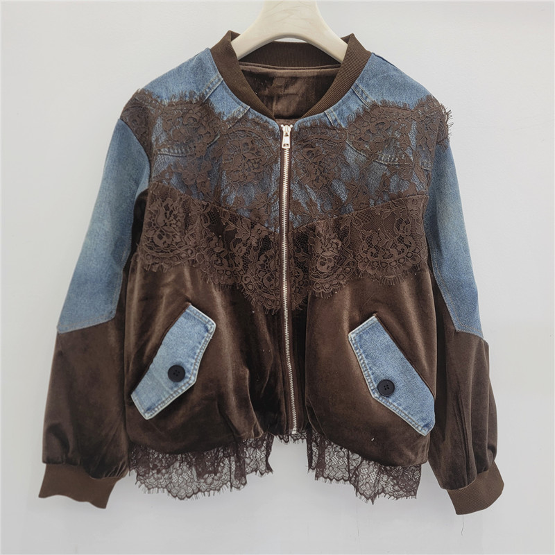 Velvet Blazer Vintage - Baseball Collar Zip Up Jacket Denim