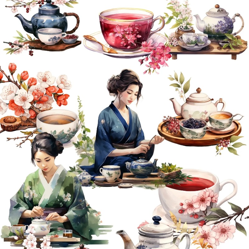 Vintage Fashion Magazines - Cute Watercolor Tea Ceremony, Art Stickers